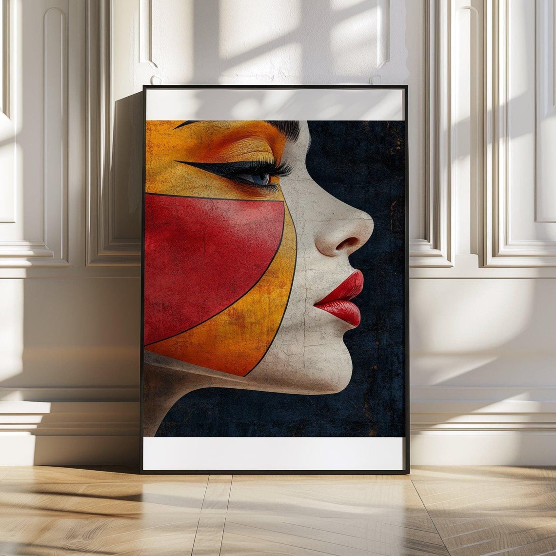 Cubist Woman Profile Poster With Red Gold and Black Geometry