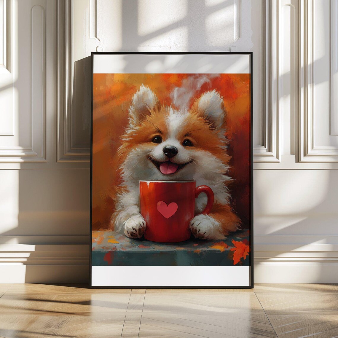 Smiling Fluffy Pomeranian Puppy with Red Heart Mug Art Poster