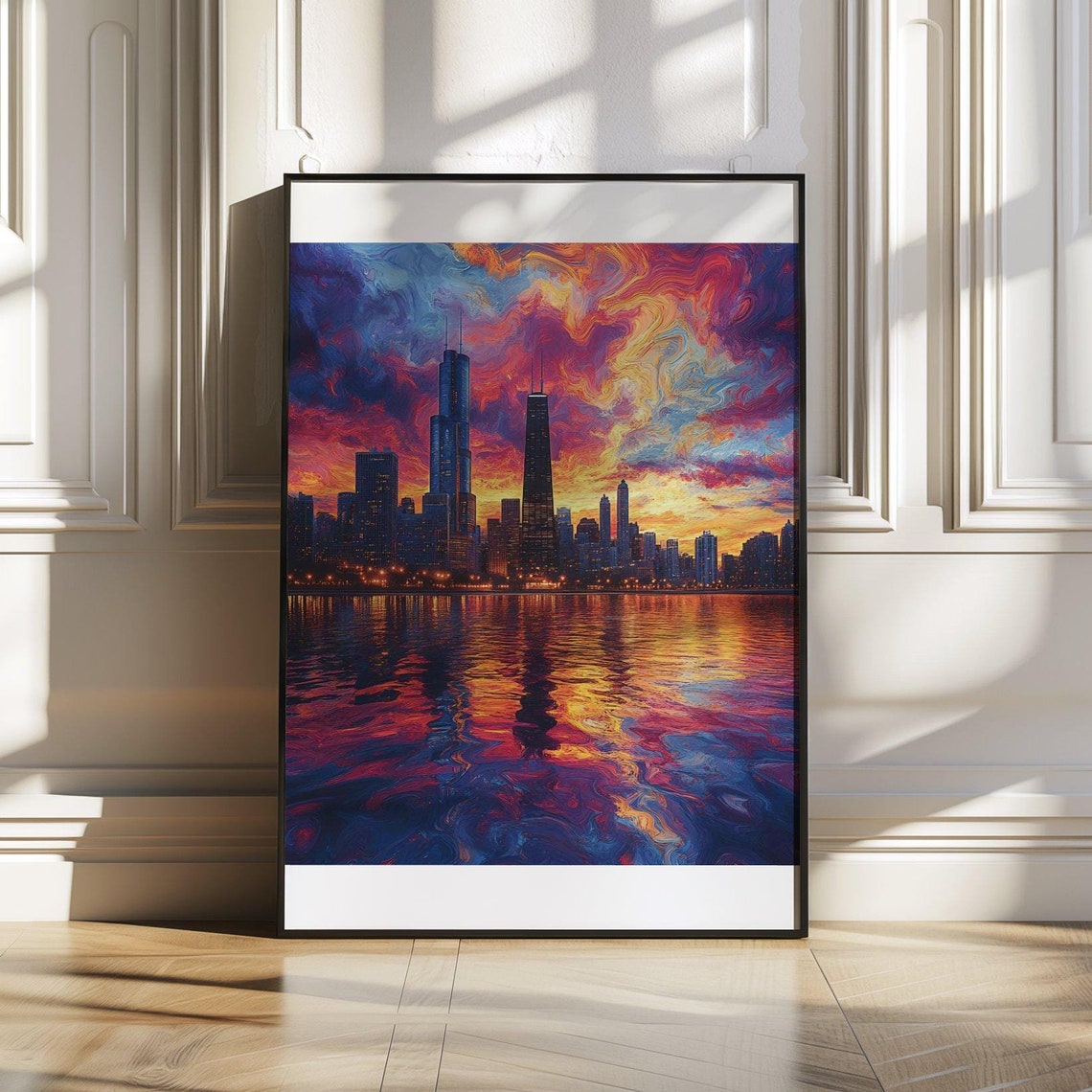 Chicago Skyline Ablaze in Vibrant Sunset Reflection Art Poster