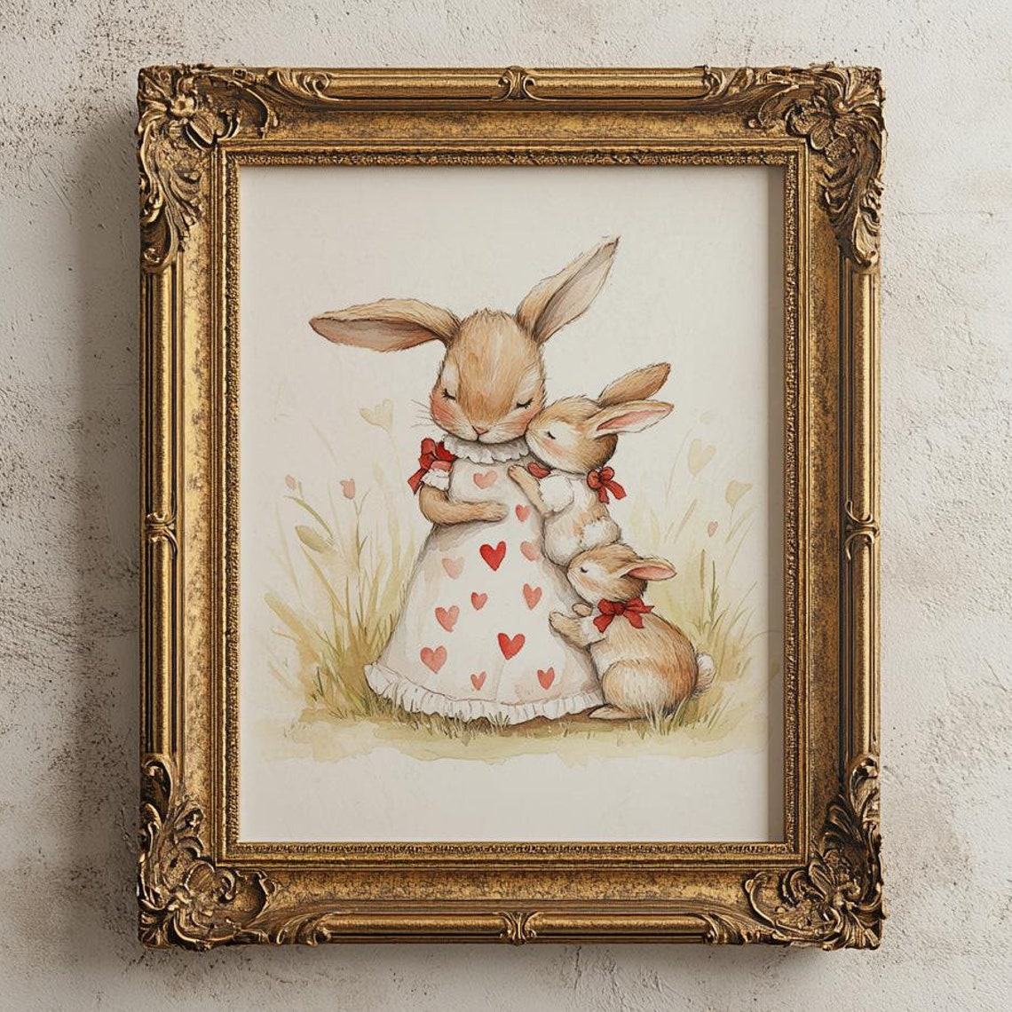 Mama Bunny Hugging Baby Rabbits Red Bow Nursery Watercolor Poster - Image 5