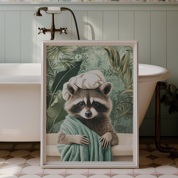 Raccoon Bathroom Print Poster Funny Raccoon Bathtub Towel Wall Art Botanical Raccoon Lover Gift Idea Restroom Wall Decor Matte Poster