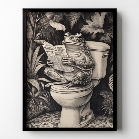 Frog Toilet Poster Print Funny Frog Bathroom Wall Art Wooden Frame Green Tropical Plants Vintage Botanical Gift Idea Restroom Framed Poster