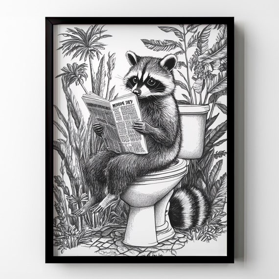 Raccoon Toilet Print Poster Funny Raccoon Sitting On Toilet Wall Art Botanical Raccoon Lover Gift Idea Restroom Wall Art Matte Poster