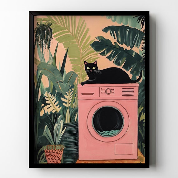Cat Laundry Room Poster Print Funny Black Cat Lover Wall Decor Vintage Houseplants Botanical Wall Art Matte Poster