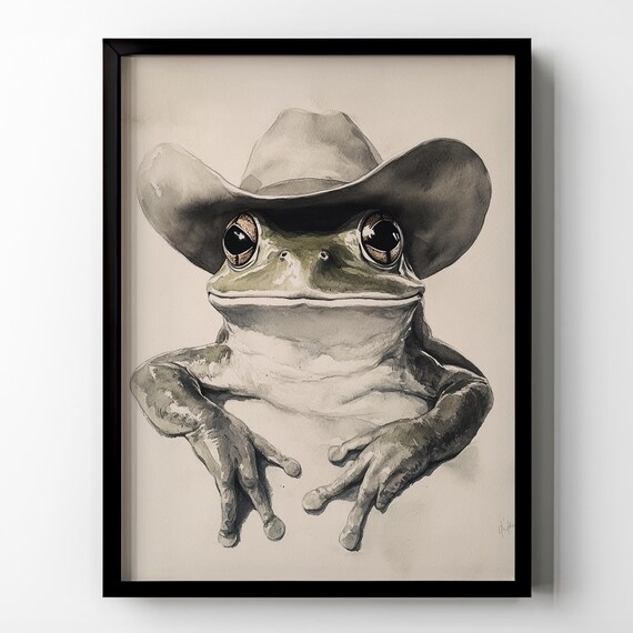Green Frog Wearing Cowboy Hat Watercolor Whimsical Animal Art Poster