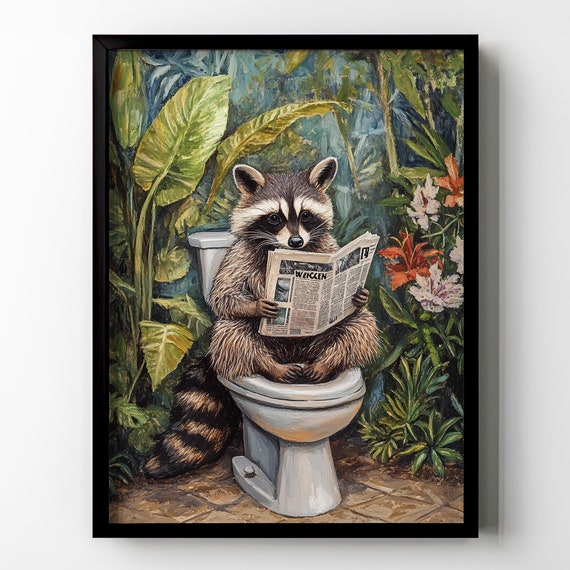 Raccoon Toilet Print Poster Funny Raccoon Sitting On Toilet Wall Art Botanical Raccoon Lover Gift Idea Restroom Wall Art Matte Poster