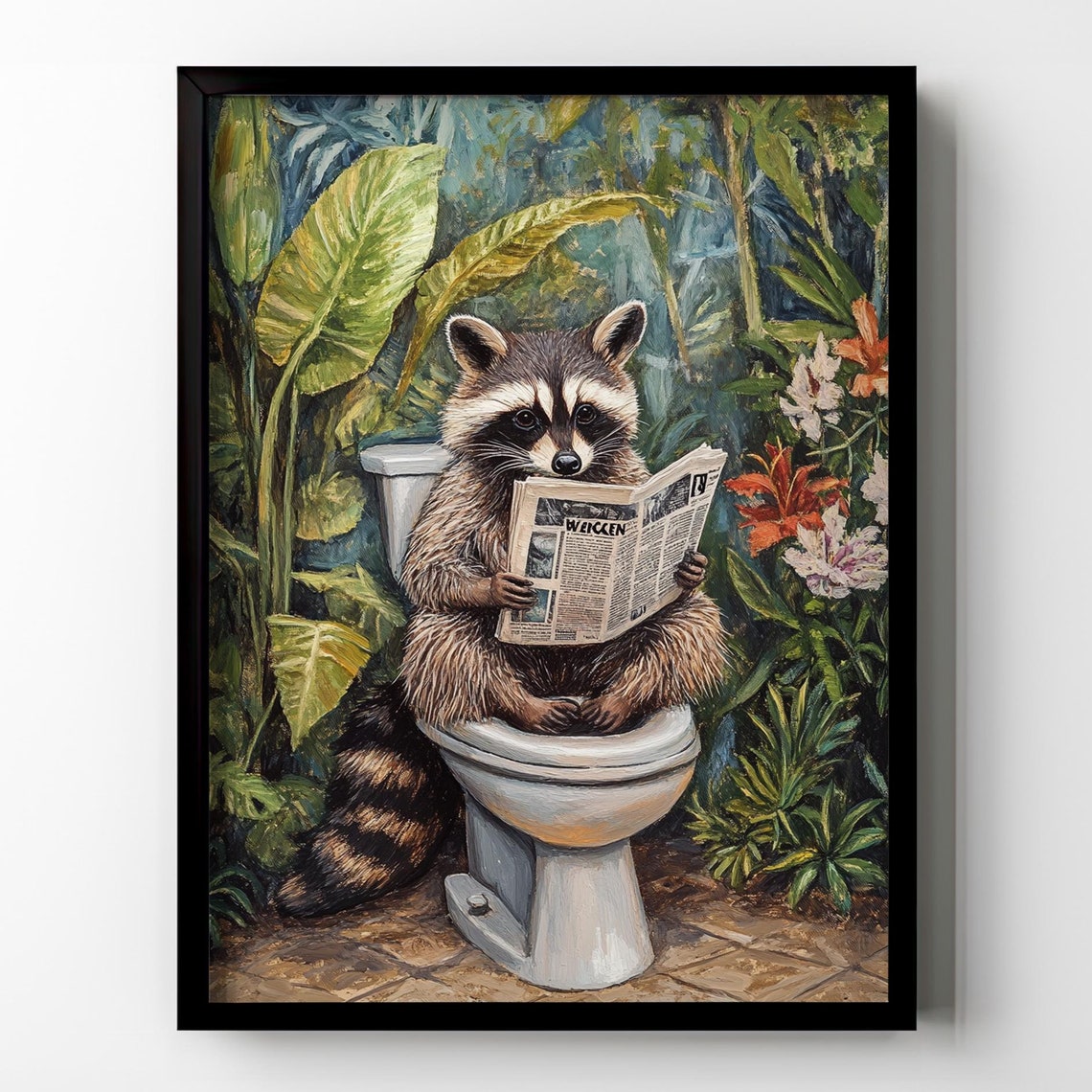 Funny Raccoon Sitting on Toilet Reading Newspaper Tropical Wall Poster