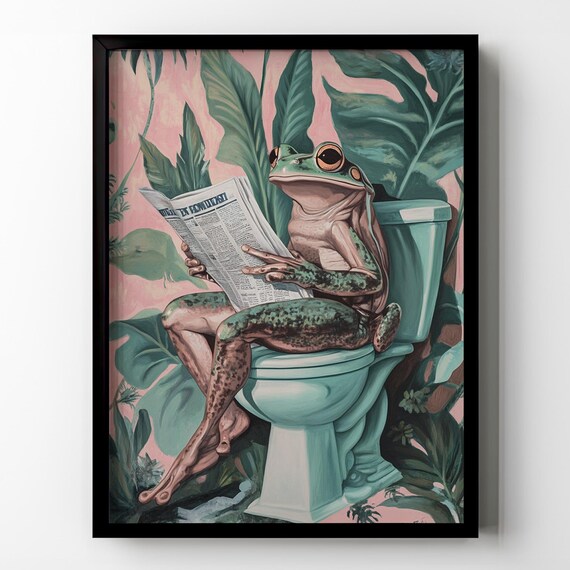 Frog Toilet Poster Print Funny Frog Bathroom Wall Art Wooden Frame Green Tropical Plants Vintage Botanical Gift Idea Restroom Framed Poster