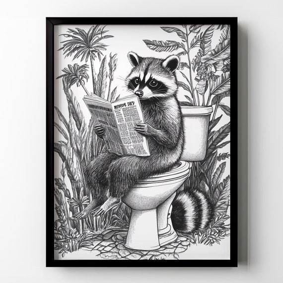 Raccoon Toilet Print Poster Funny Animal Raccoon Bathroom Wall Art Tropical Plants Vintage Botanical Gift Restroom Wall Decor Framed Poster
