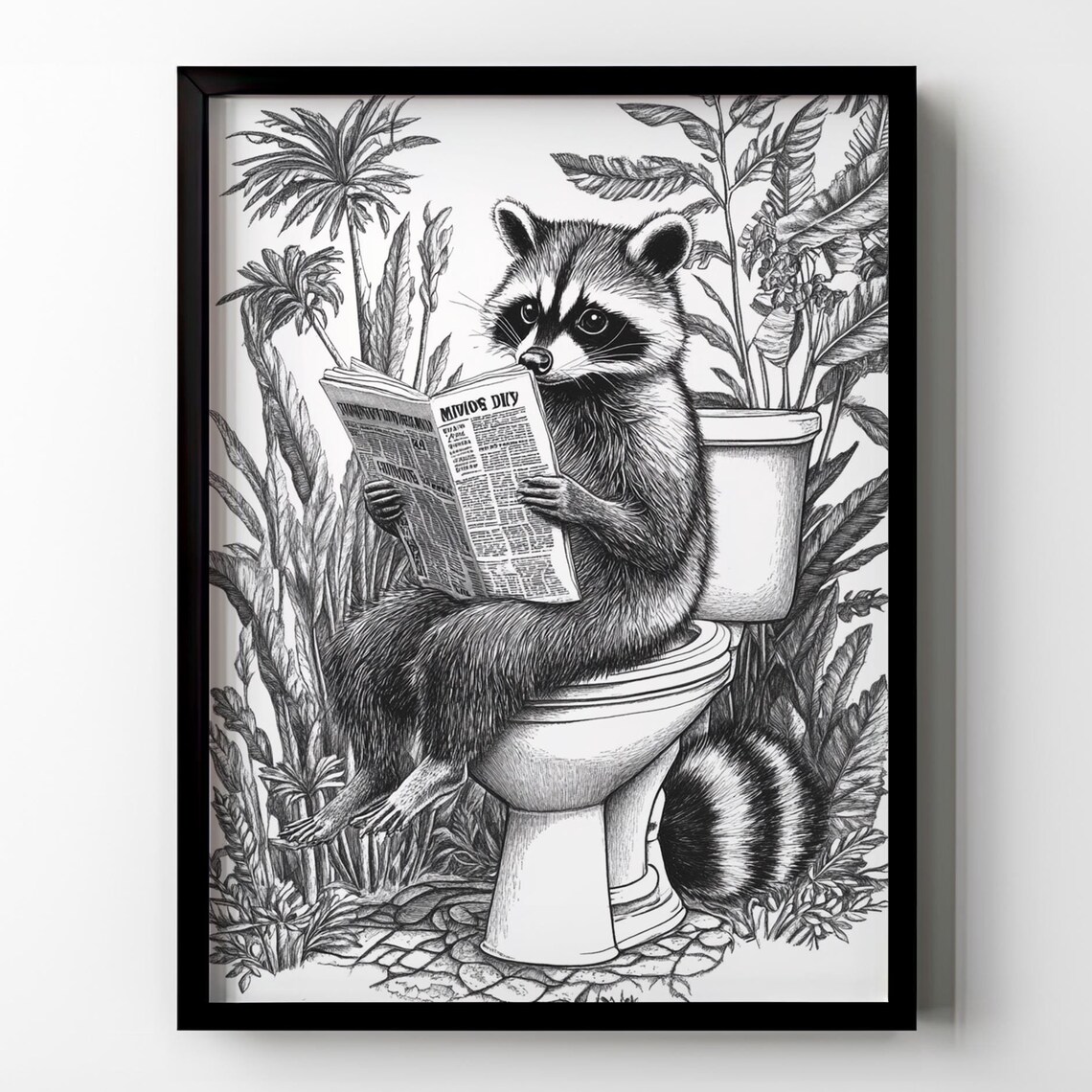 Raccoon Reading Newspaper on Toilet Vintage Botanical Line Art Poster