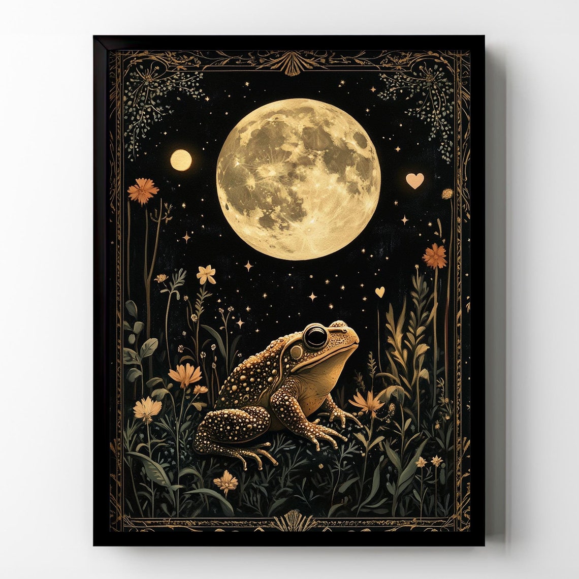 Celestial Toad Under Full Moon Black Gold Witchy Occult Wall Art