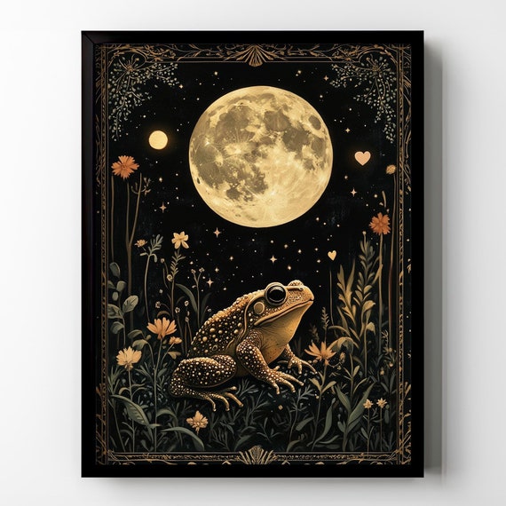 Celestial Toad Full Moon Wall Art Wildflower Witchy Occult Cottagecore Gothic Art Deco Vintage Wall Decor