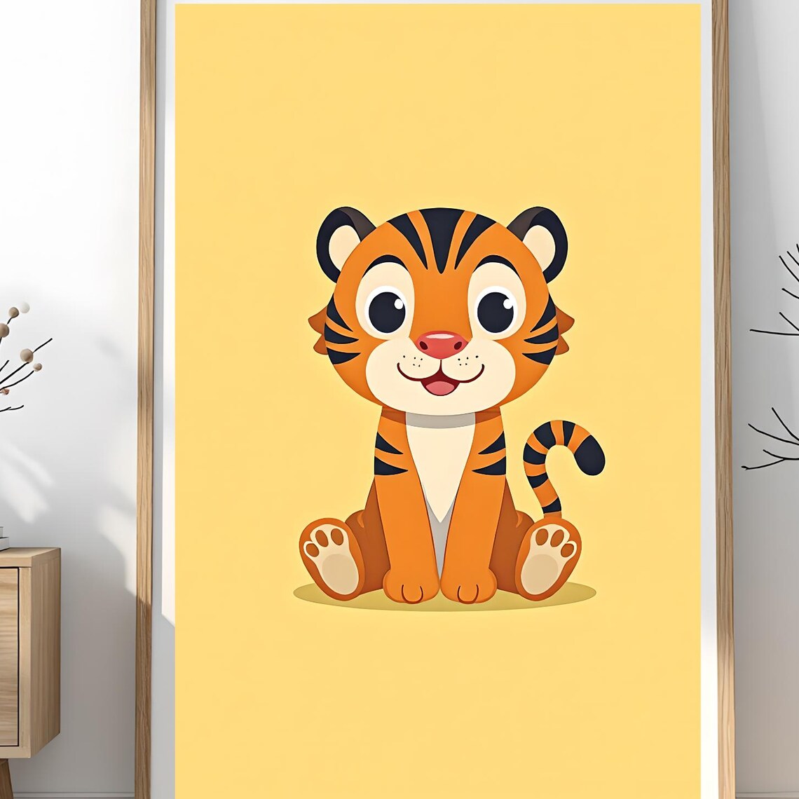 Cute Baby Tiger Cartoon Poster on Sunny Yellow Nursery Background