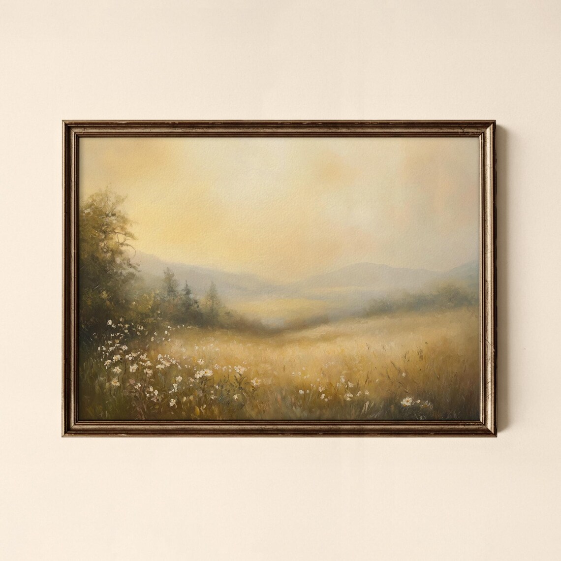 Golden Wildflower Meadow at Dawn Soft Landscape Oil Painting Poster
