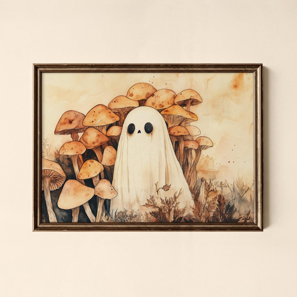 Cute Ghost Mushroom Forest Watercolor Whimsical Halloween Poster