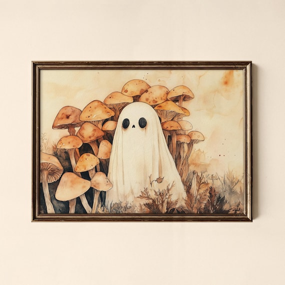 Cute Ghost Mushroom Forest Watercolor Whimsical Halloween Poster