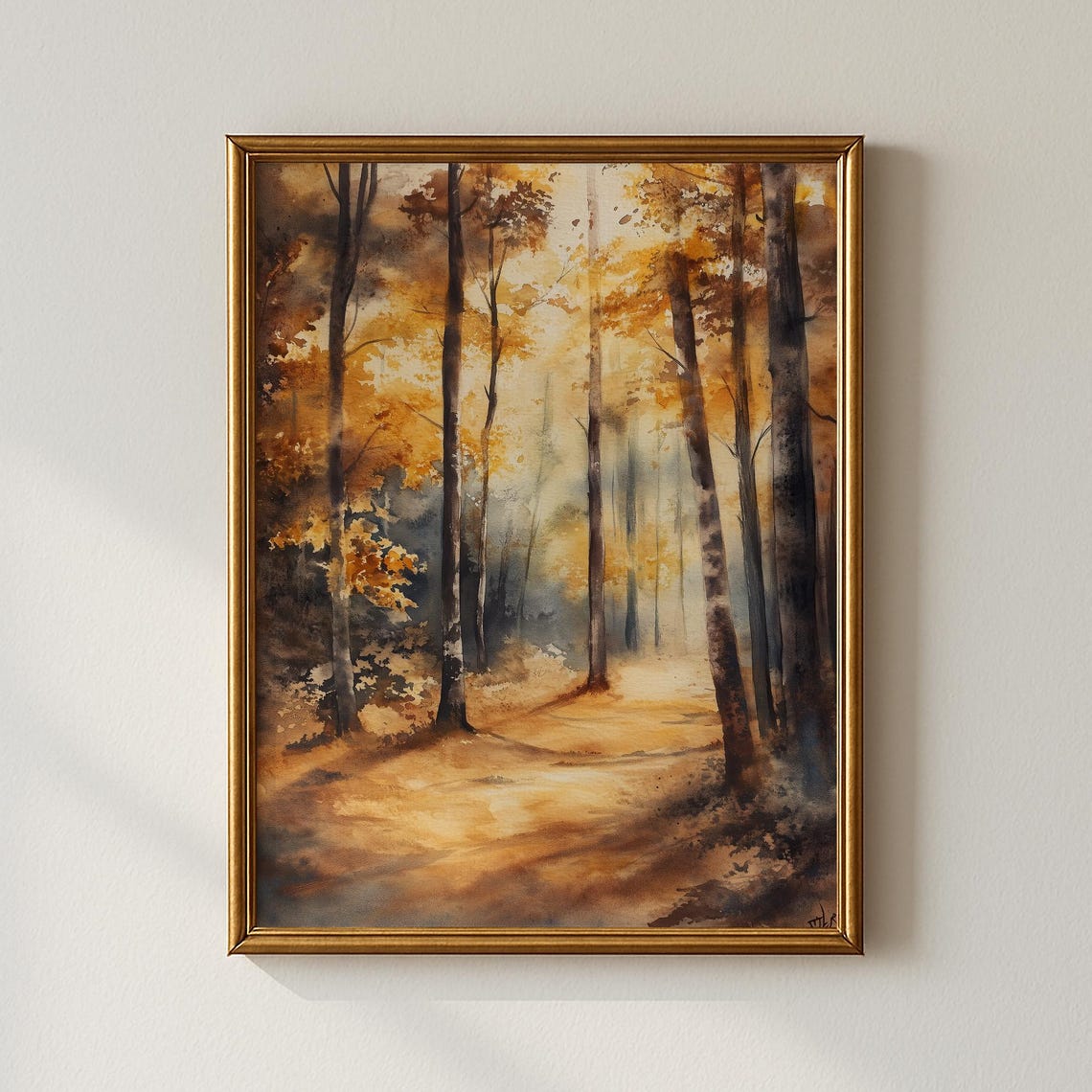 Golden Autumn Forest Path Misty Trees Watercolor Nature Poster