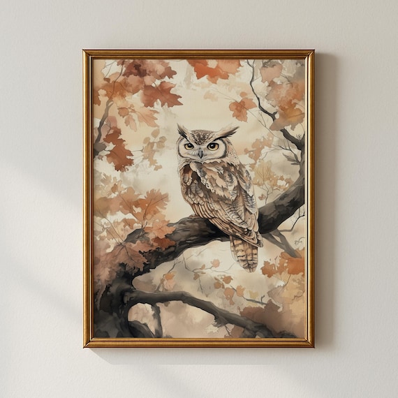 Great Horned Owl on Branch Among Autumn Oak Watercolor Wildlife Print
