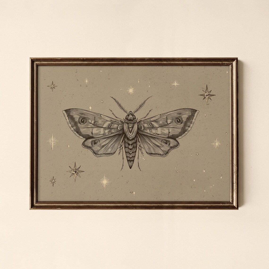 Vintage Moth And Stars Celestial Insect Illustration Dark Sage Poster