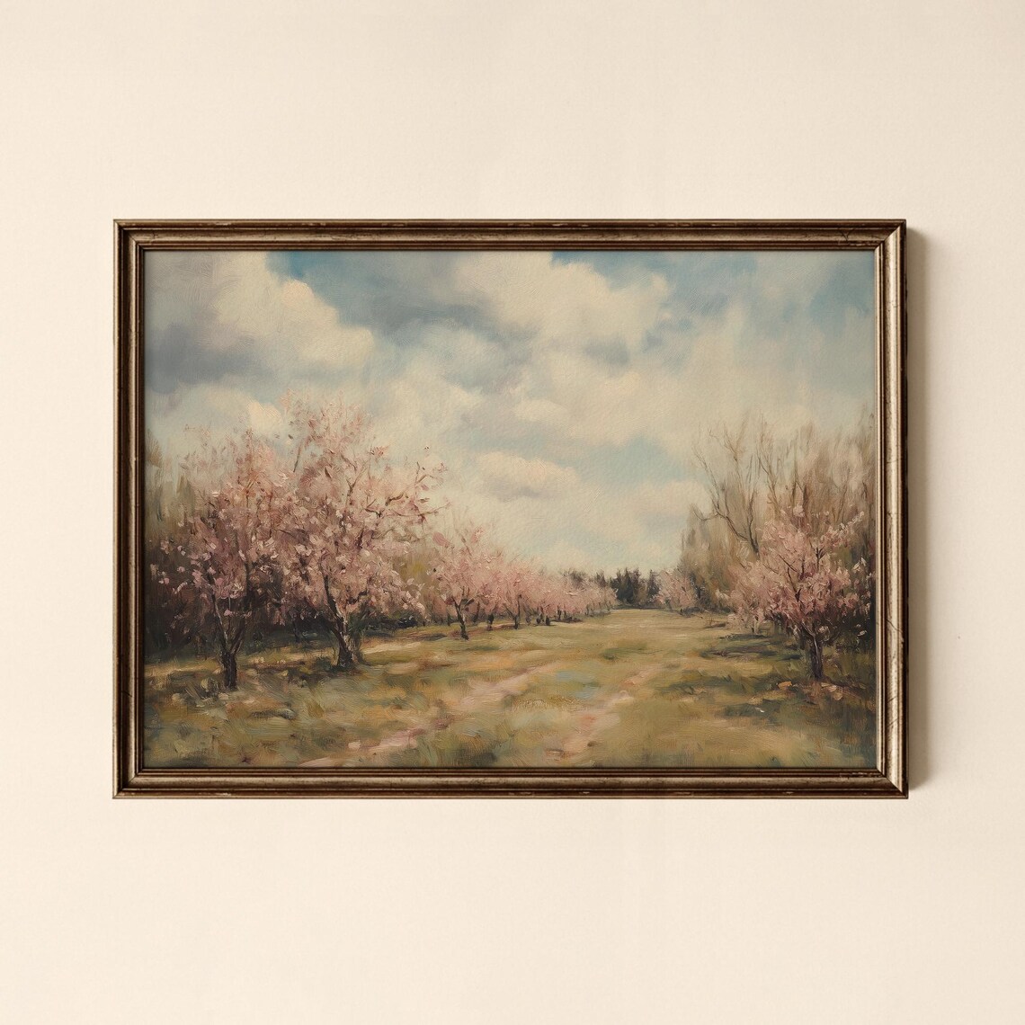 Pink Blossom Orchard In Spring Vintage Landscape Painting Art Print