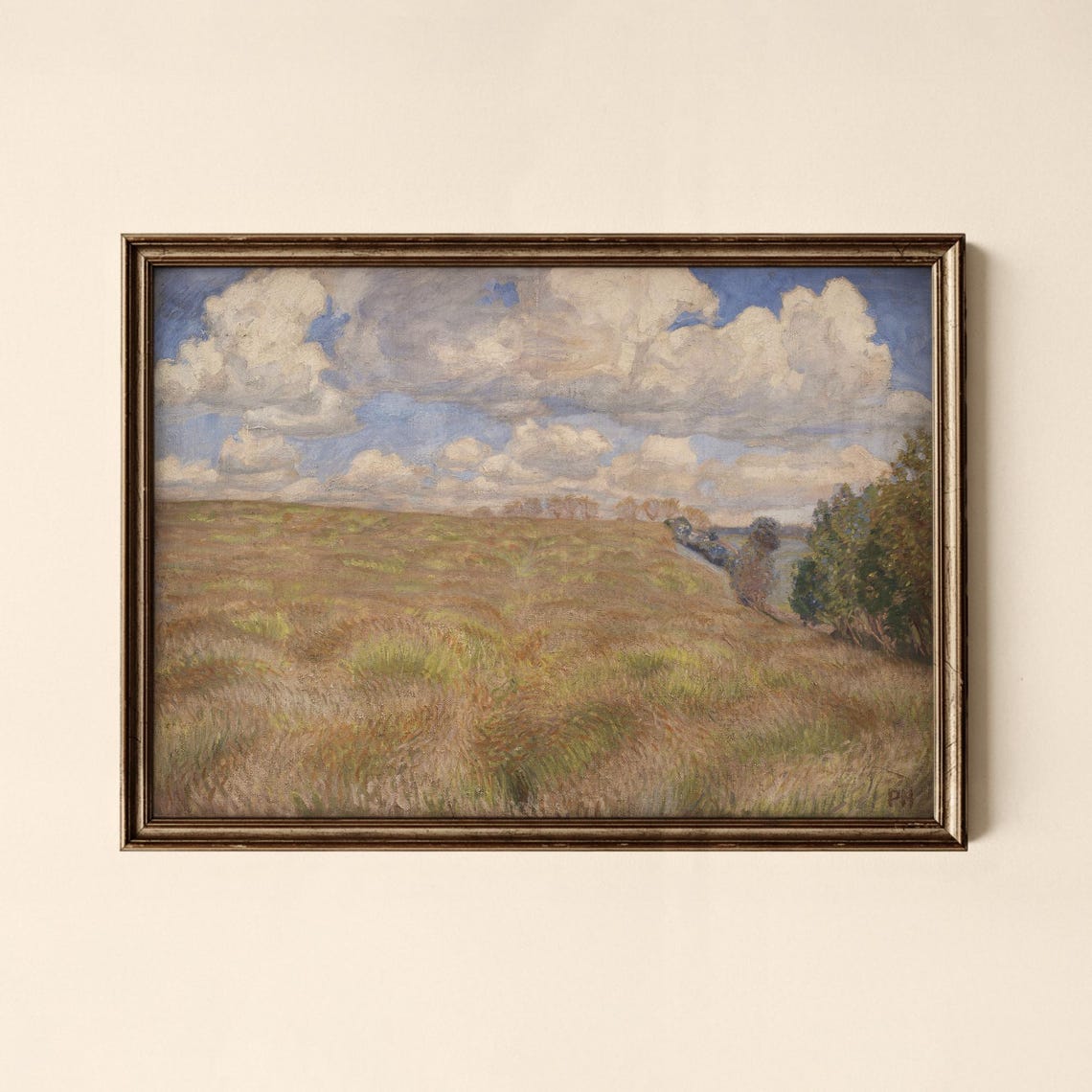 Vintage Golden Wheat Field Swaying Under Dramatic Cloudy Sky Print