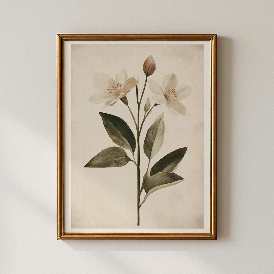 White Blossom Vintage Botanical Stem Print with Sage Green Leaves