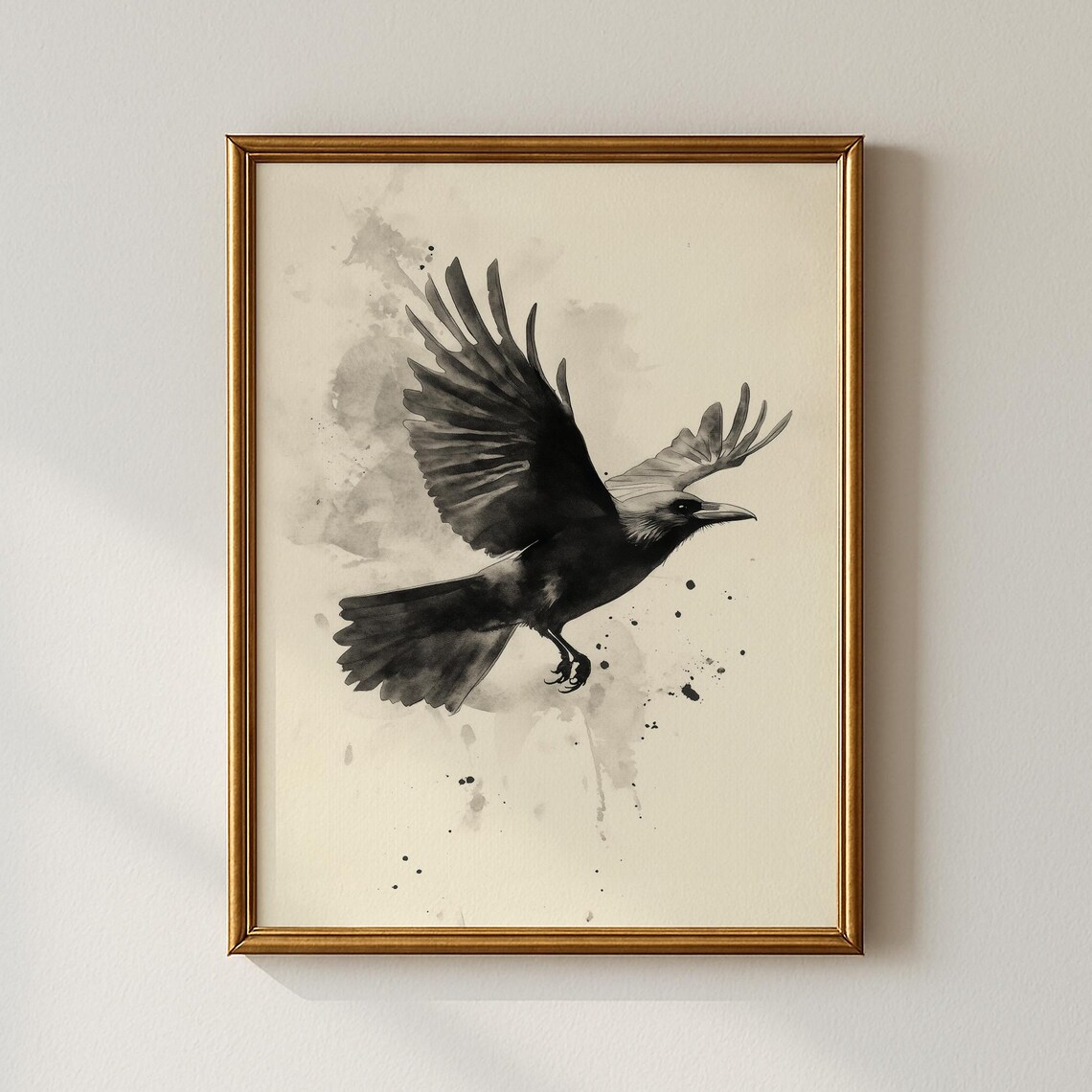 Black Crow Flying Ink Wash Watercolor Minimalist Bird Art Poster