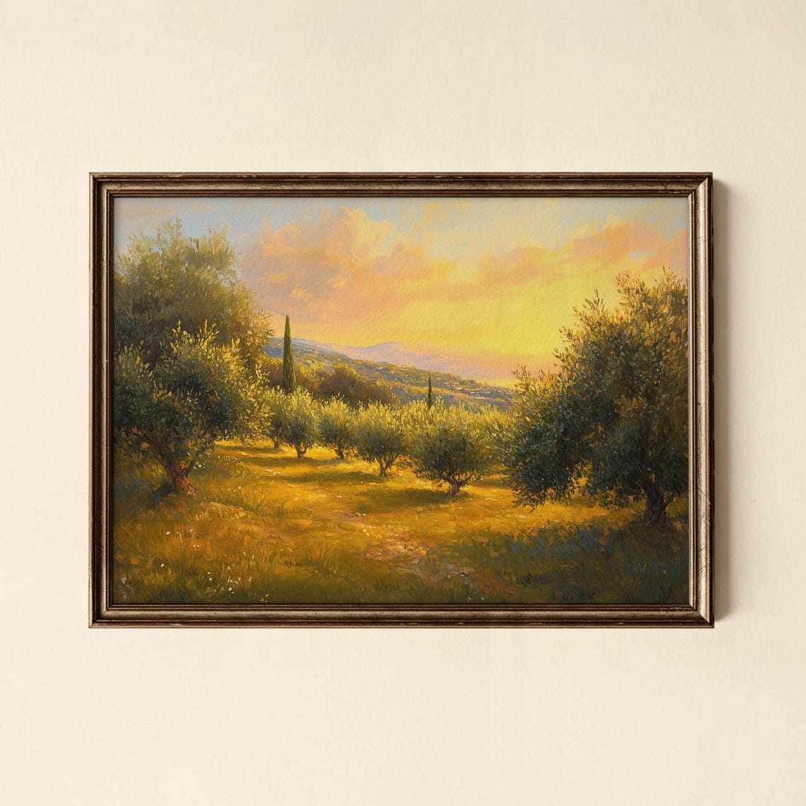 Olive Grove at Golden Sunset Countryside Landscape Oil Painting Poster