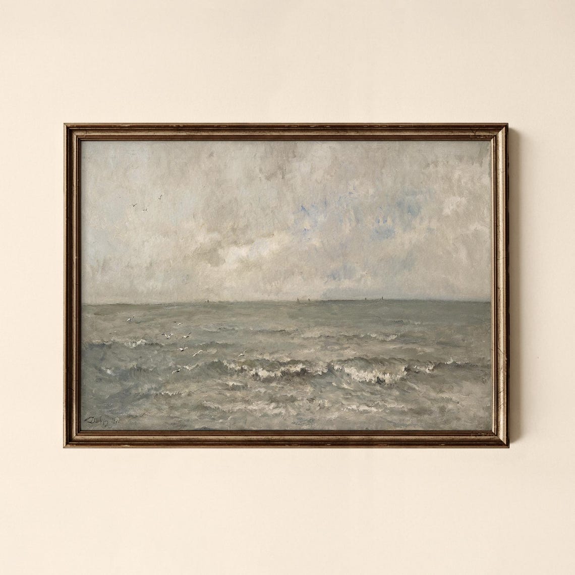 Muted Vintage Grey Ocean Waves Moody Seascape Painting Art Poster