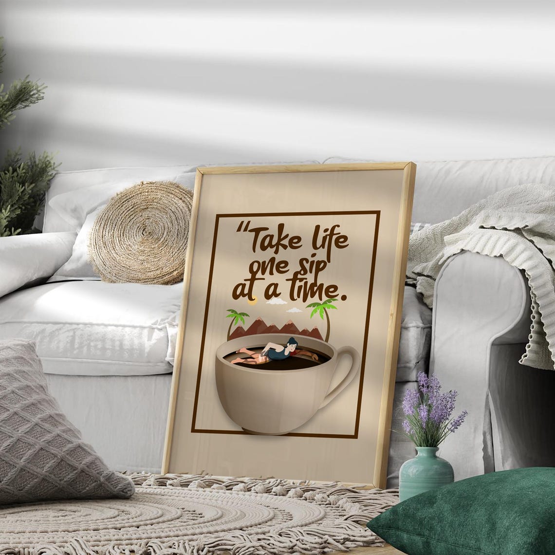 Take Life One Sip At A Time Funny Coffee Cup Beach Quote Poster