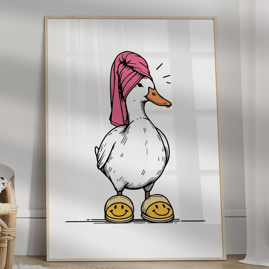 Cute Duck In Pink Towel And Smiley Slippers Funny Bathroom Art Poster