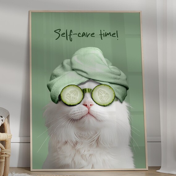 Funny Self Care Time Cat Poster White Cat Spa Towel Bath Art