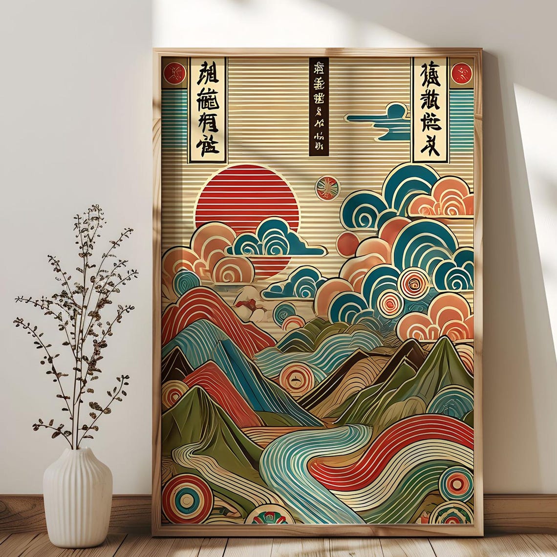 Japanese Mountain Landscape Red Sun Clouds Colorful Modern Art Poster