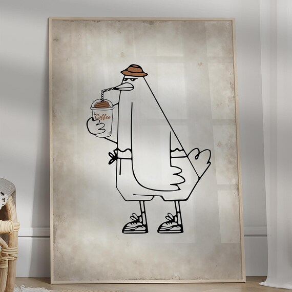 Cool Seagull Iced Coffee Funny Line Art Humor Kitchen Wall Print