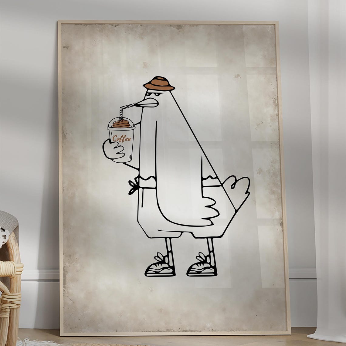 Cool Seagull Iced Coffee Funny Line Art Humor Kitchen Wall Print