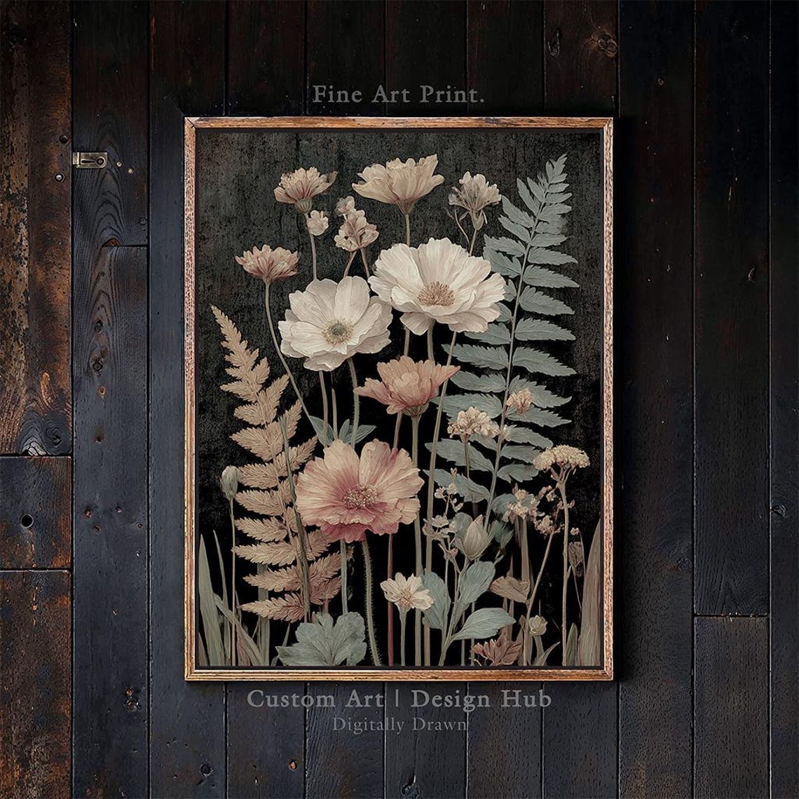 White Cosmos Flowers on Black Moody Vintage Botanical Art Poster