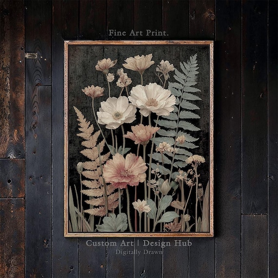 White Cosmos Flowers on Black Moody Vintage Botanical Art Poster