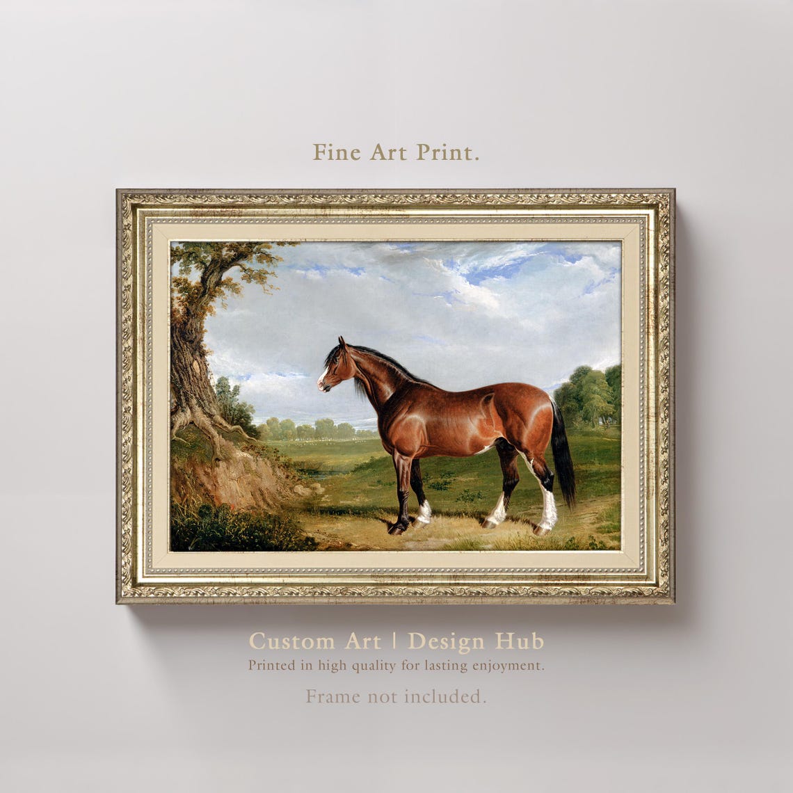 Bay Horse Standing By Tree Vintage Equestrian Pasture Art Print