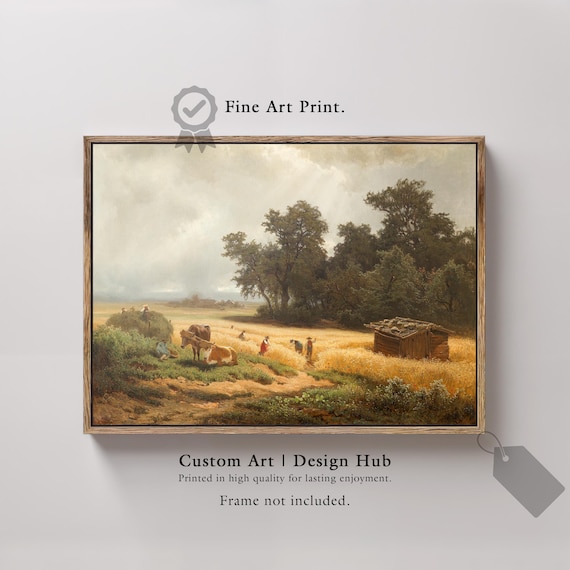 Vintage Wheat Harvest Farmers Cows Haystack Golden Field Art Poster