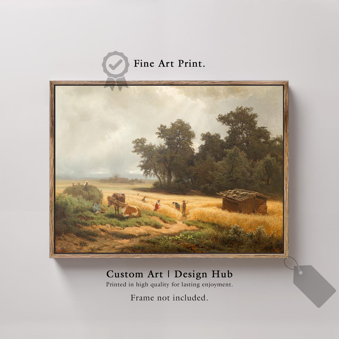 Vintage Wheat Harvest Farmers Cows Haystack Golden Field Art Poster