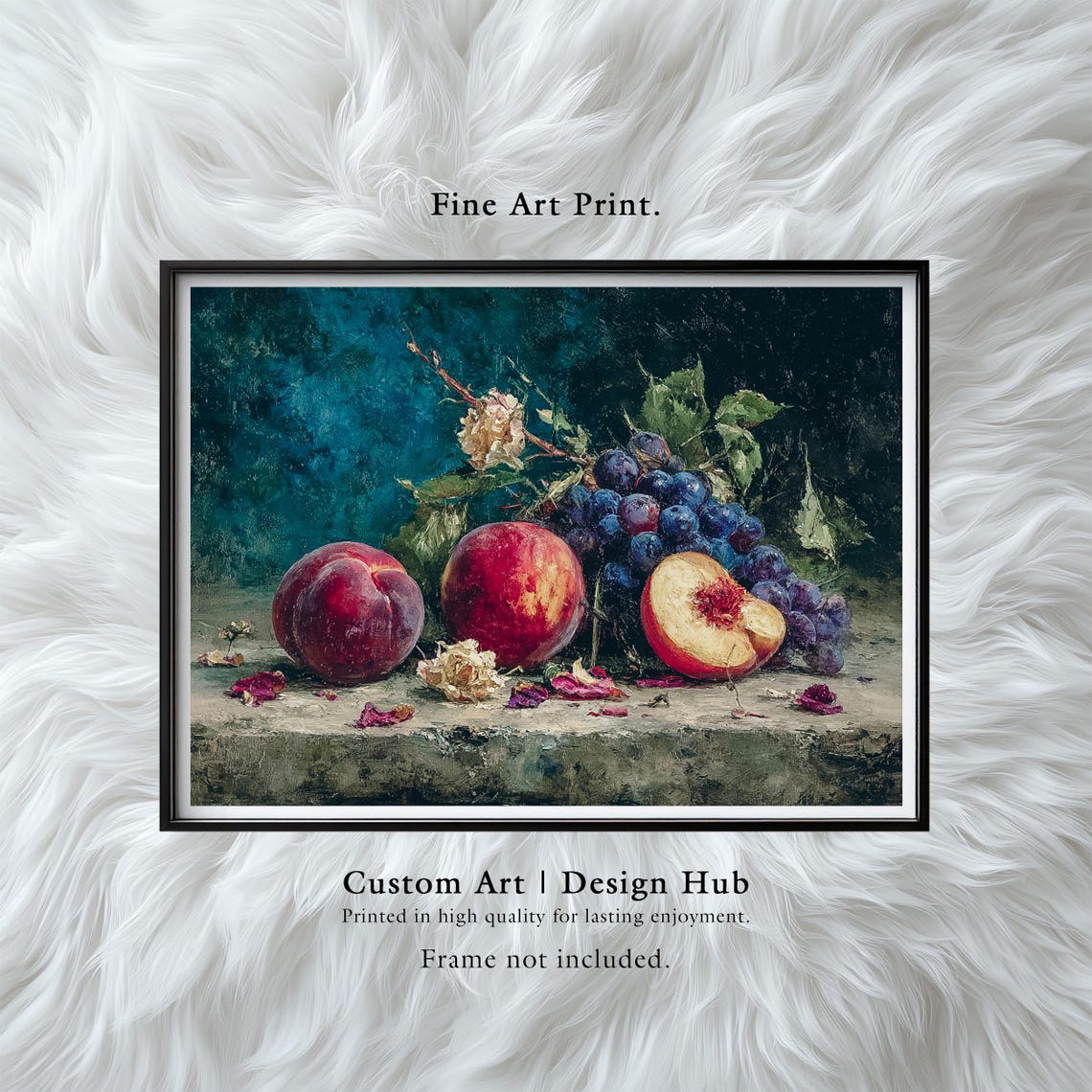 Rustic Peach and Grape Still Life Oil Painting Kitchen Wall Art