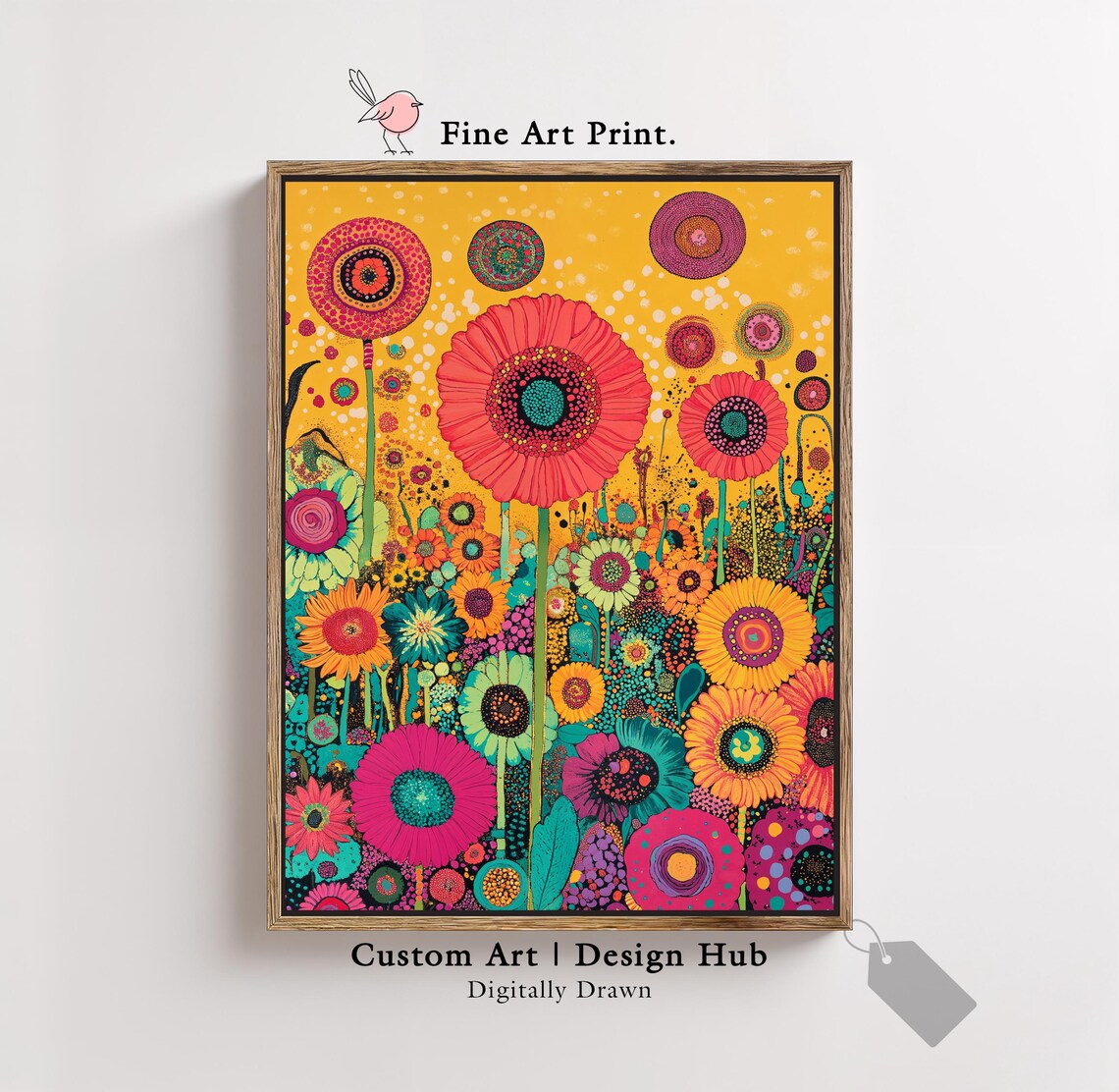 Happy Colorful Whimsical Folk Art Flower Garden Golden Wall Print