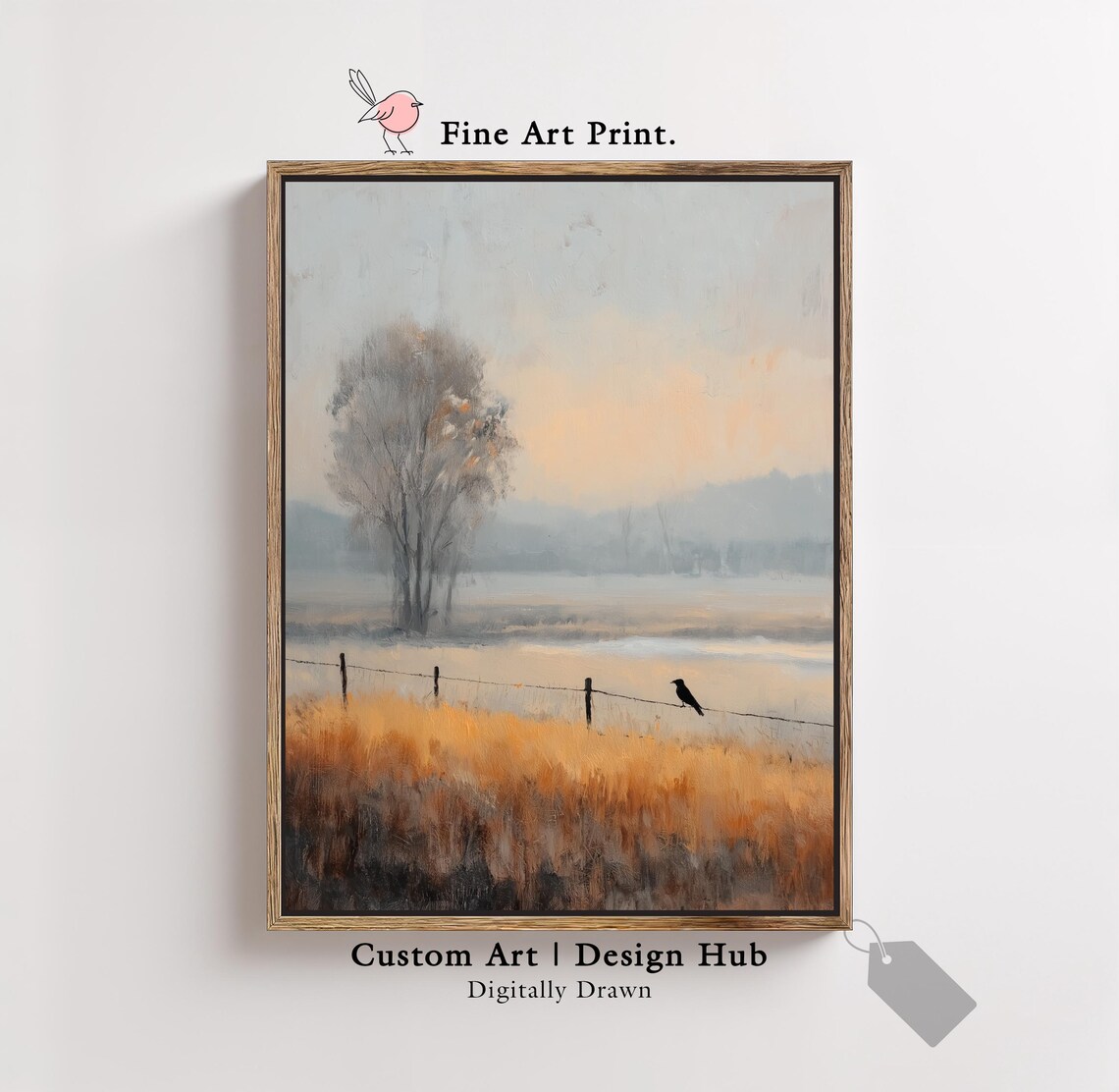 Misty Field Painting, Rustic Nature Art Print