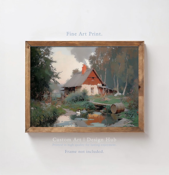 Rustic Cottage Pond Oil Painting Country Ducks Vintage Poster