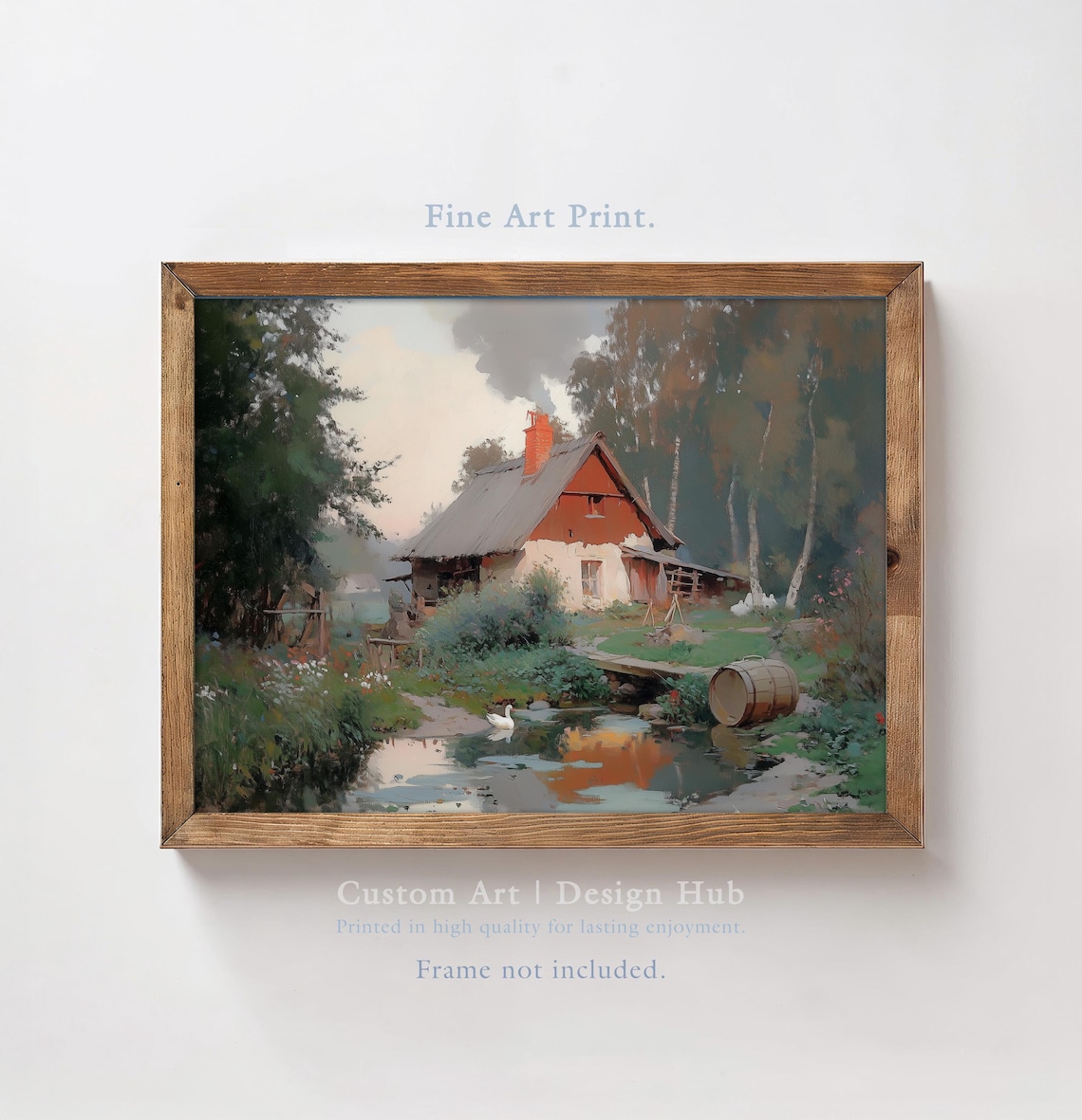 Rustic Cottage Pond Oil Painting Country Ducks Vintage Poster
