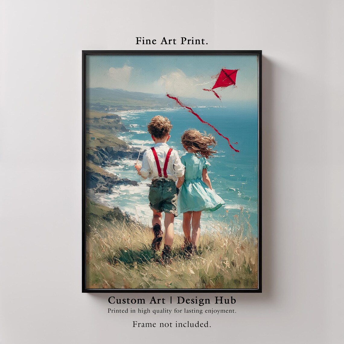 Children Flying Red Kite Coastal Cliffs Vintage Painting Art Poster