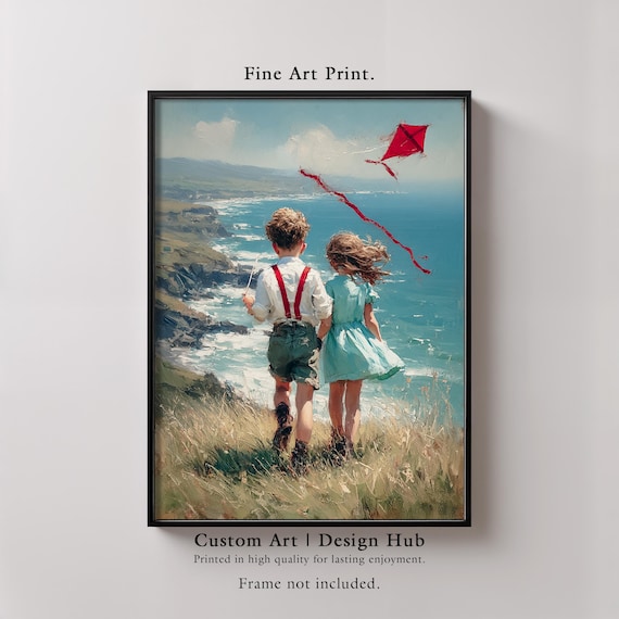 Children Flying Red Kite Coastal Cliffs Vintage Painting Art Poster