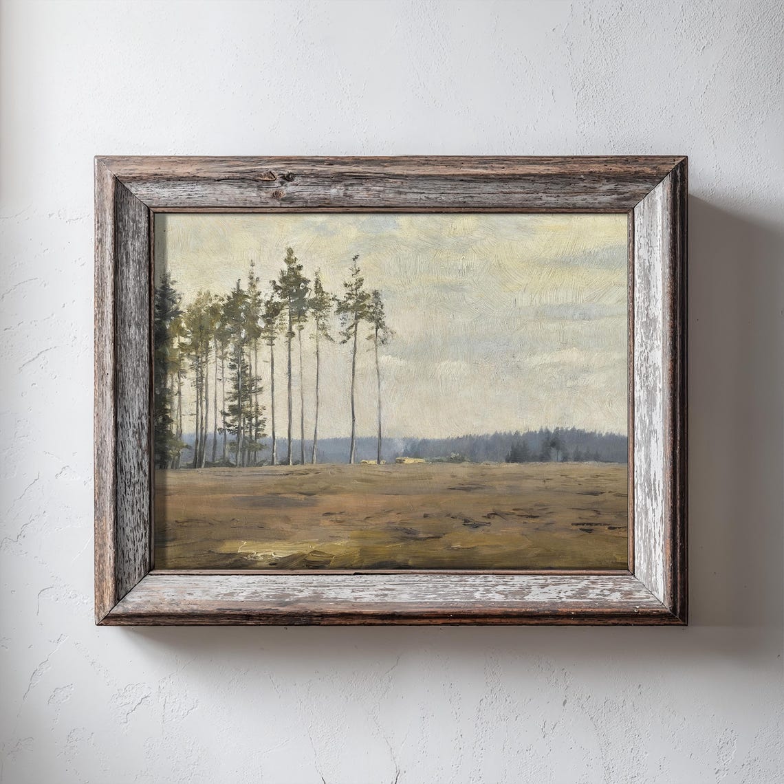 Tall Pine Trees Over Open Field Vintage Forest Painting Wall Art