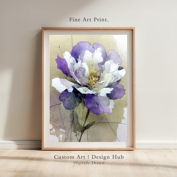 Purple White Peony Flower Close Up Watercolor Botanical Poster