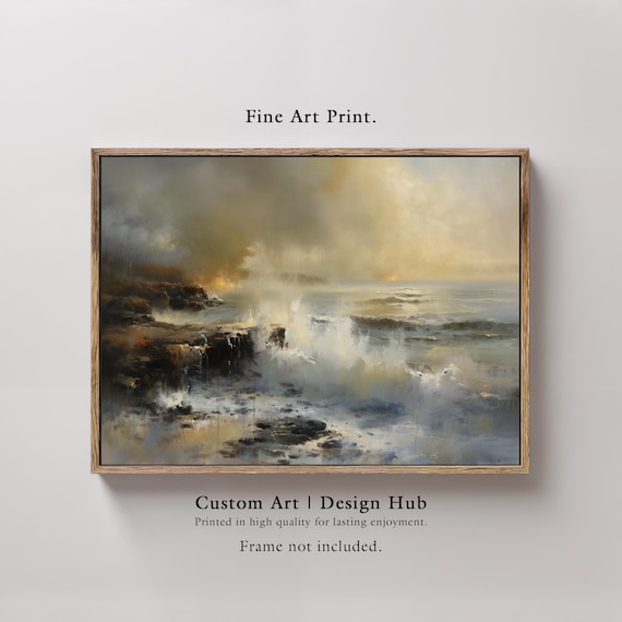 Moody Ocean Waves Painting Dramatic Rocky Shore Stormy Sea Poster